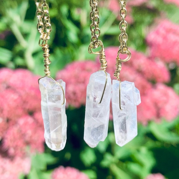 Hand Crafted Jewelry - White Aura Quartz Gold Crystal Necklace